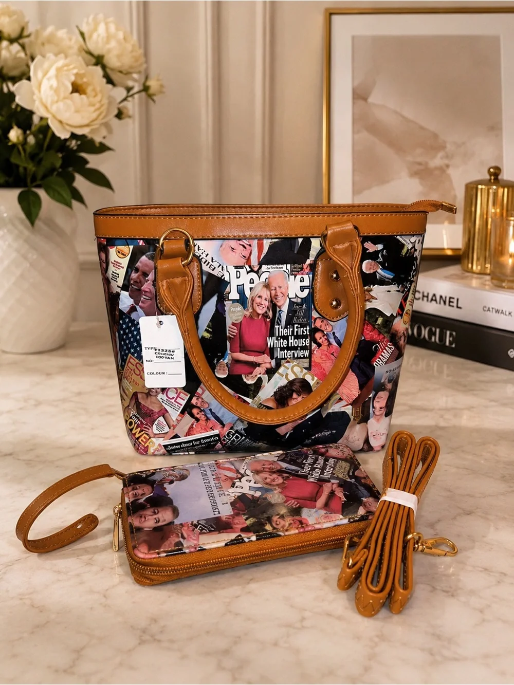 Statement Magazine Print Tote & Matching Wallet Set
